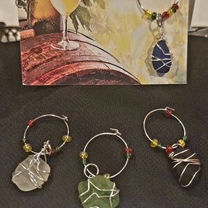 Sea Glass Wire-Wrapped Wine Charms - Green, White, Black, Blue